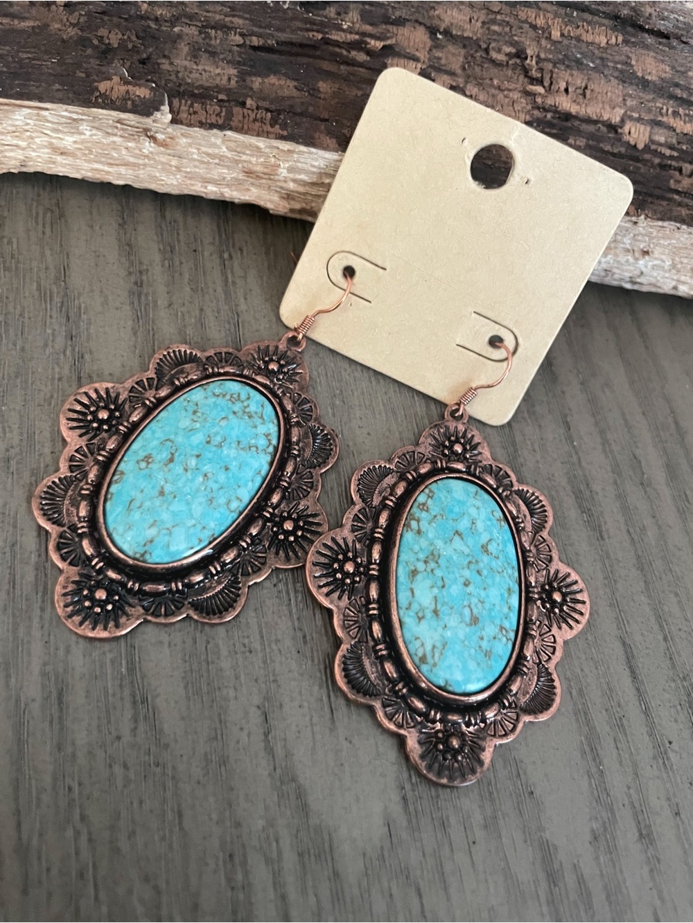 Large Turquoise Stone Copper Earrings